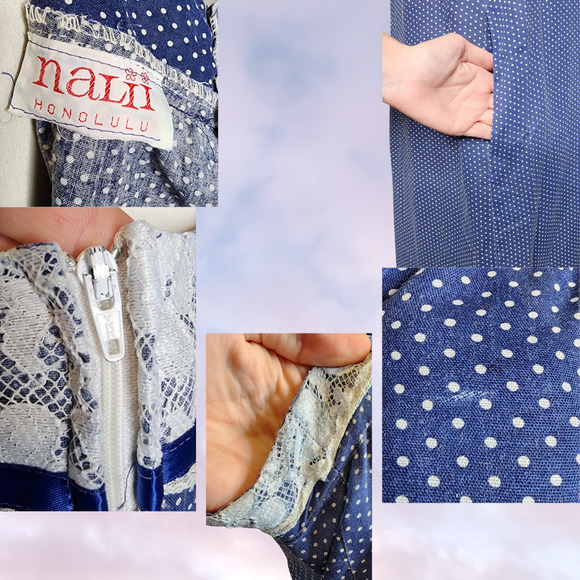 Vtg 70s Nalii Honolulu Navy Blue Polka Maxi Hawaiian Cottage Core Prairie - Picture 7 of 7
